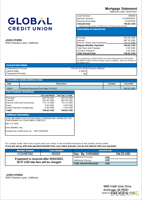 Relevé d'hypothèque bancaire USA Alaska Global Credit Union aux formats Word et PDF